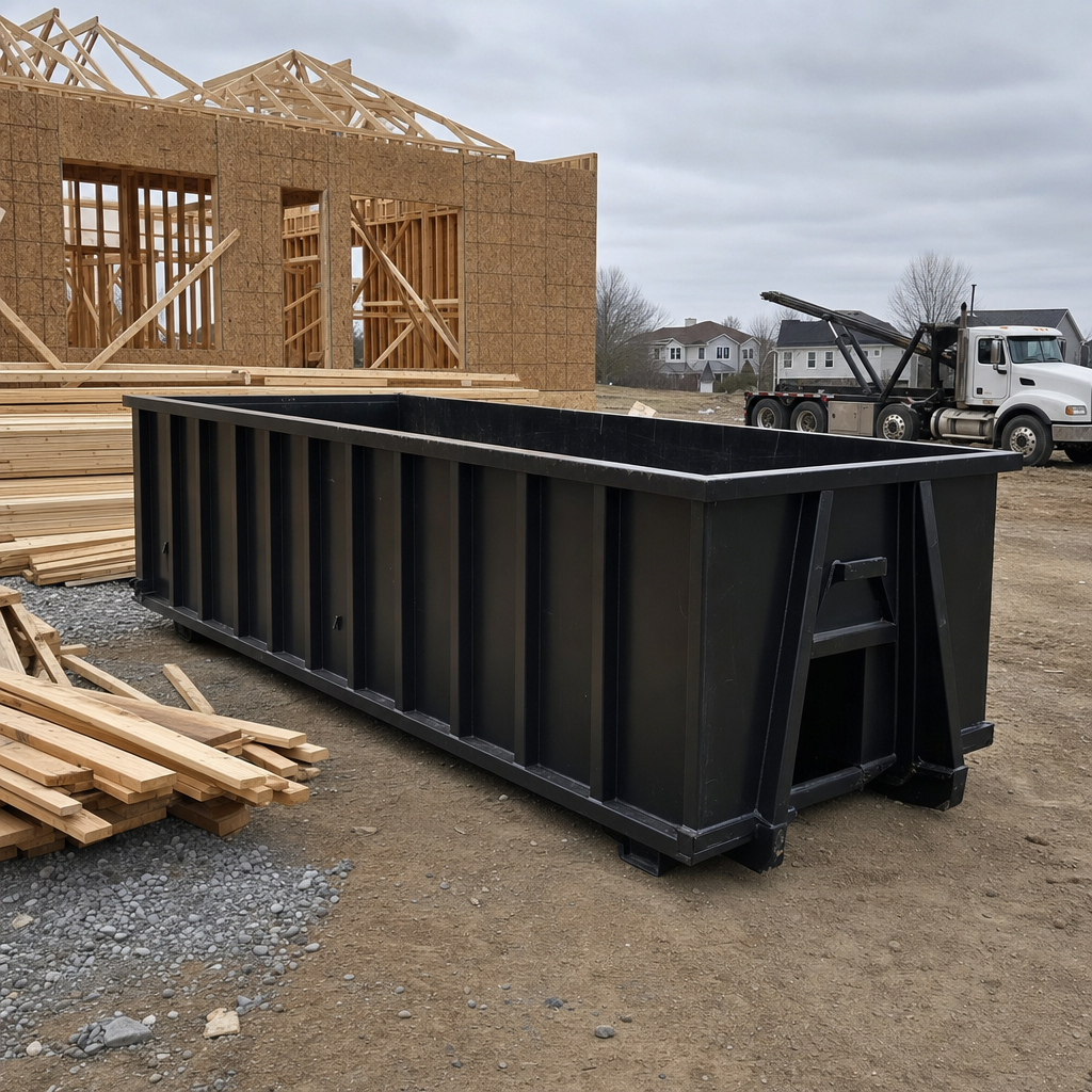 Matte-black 40-yard roll-off dumpster staged on a framed-out residential construction site in Chino Hills, framing lumber stacked nearby, hooklift delivery truck visible in the background under bright Colorado daylight