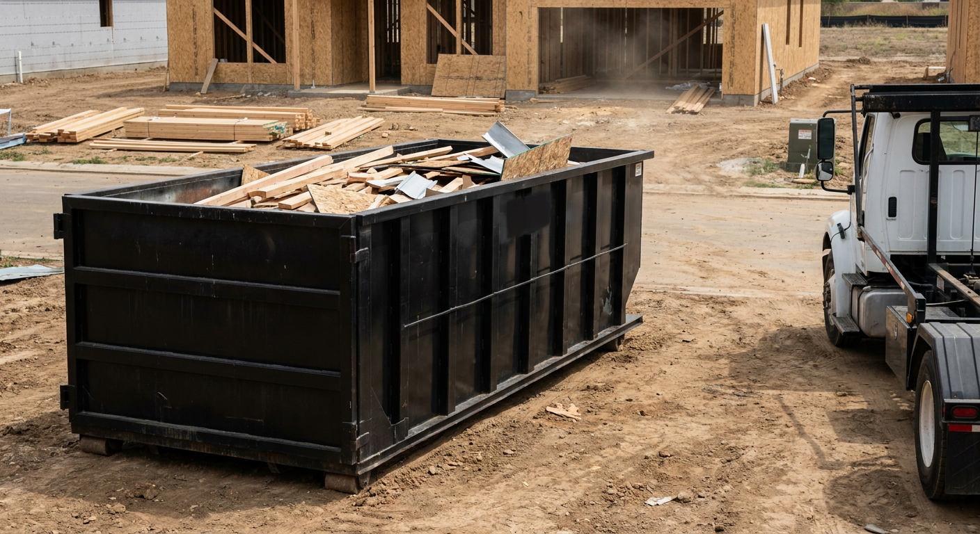 Matte-black 20-yard roll-off construction dumpster with heavy ribbed steel sidewalls and swing rear doors at a working jobsite in Chino Hills, sitting directly on compacted dirt with an unmarked white hauler partially visible at the far edge of the frame.