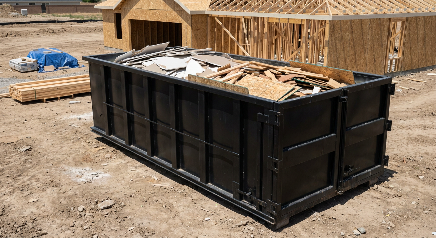 Matte-black 30-yard roll-off construction dumpster sitting directly on the compacted-dirt site of a framed single-family home build in Chino Hills, drywall and lumber scrap loaded inside.