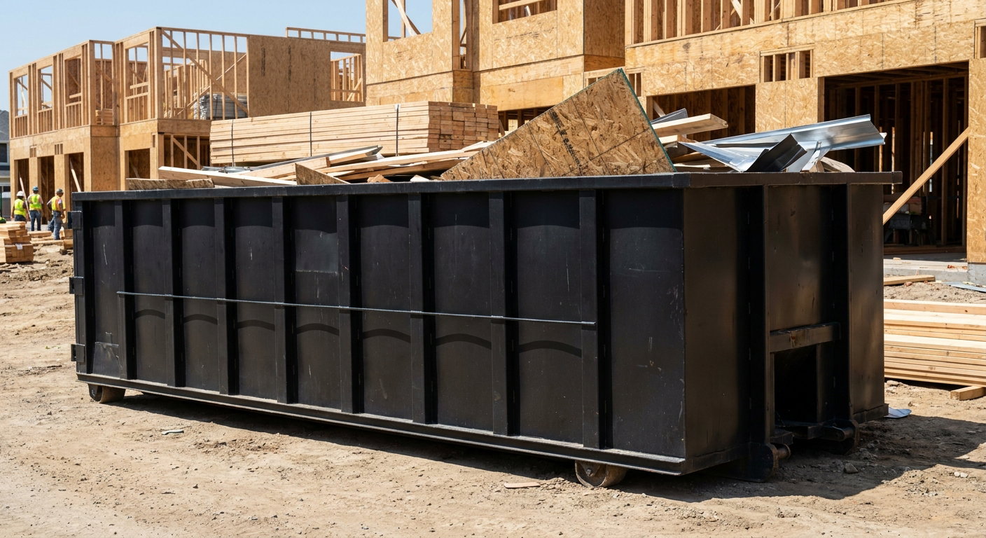 Matte-black 40-yard roll-off construction dumpster being lowered from a white-cab hooklift delivery truck onto the compacted-dirt jobsite at a commercial build site in Chino Hills