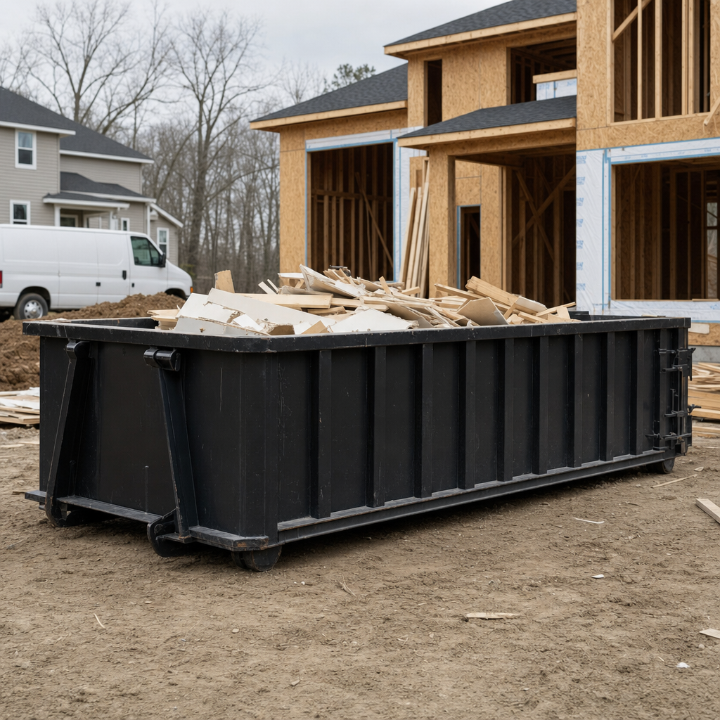 Worker in a yellow high-visibility vest tossing framing lumber and broken drywall into a matte-black 30-yard construction roll-off dumpster on an active build site in Chino Hills, bright daylight