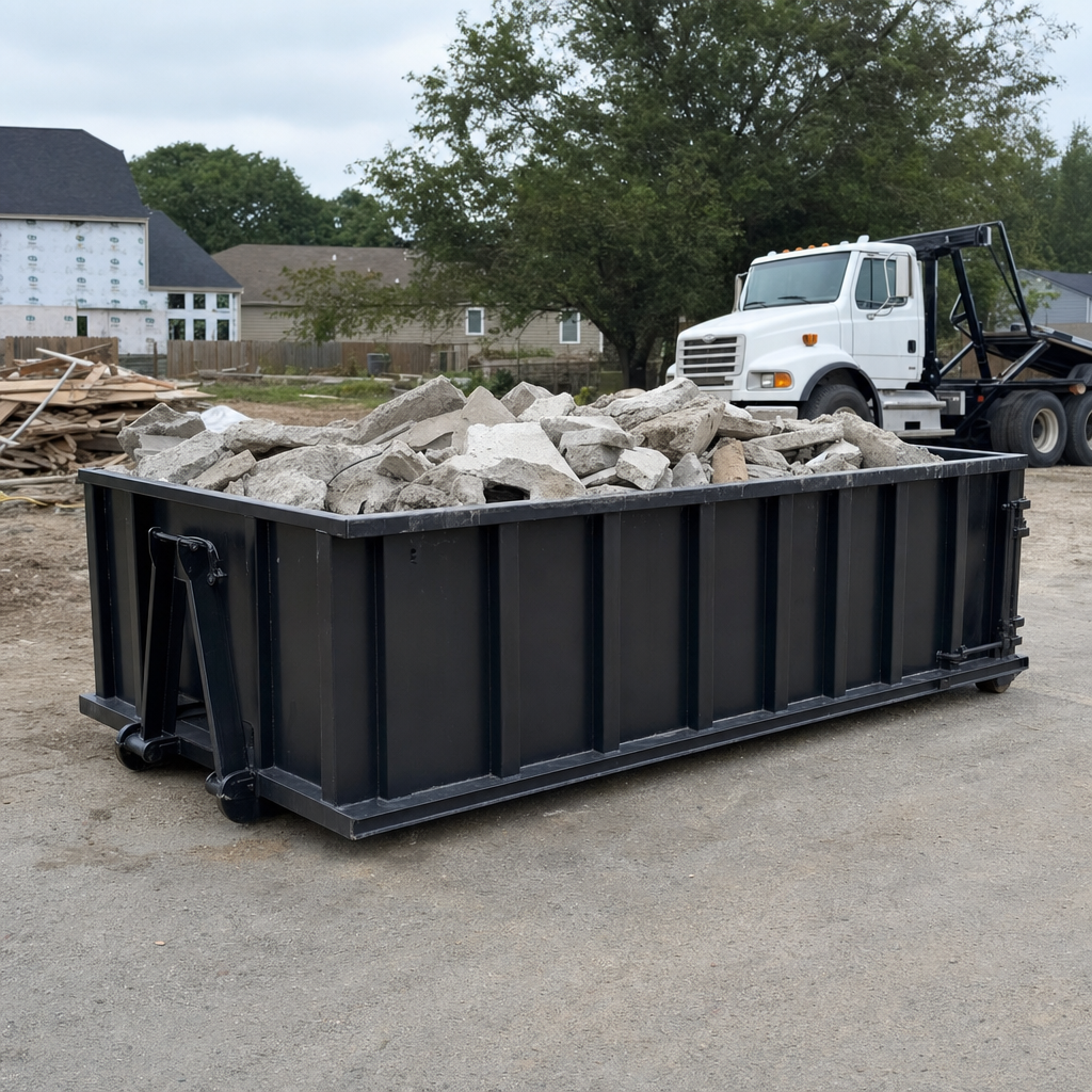 Low-profile matte-black lowboy roll-off dumpster loaded with broken concrete slab and rebar at a foundation tear-out in Chino Hills, skid steer parked beside it, sunny Colorado morning
