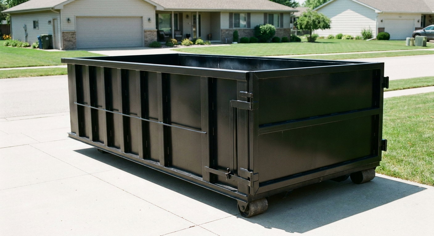 Matte-black 10-yard roll-off dumpster on a residential concrete driveway in Chino Hills, uniformly painted matte black across every panel and rail, ribbed steel sidewalls and rear swing door visible, mid-day daylight.