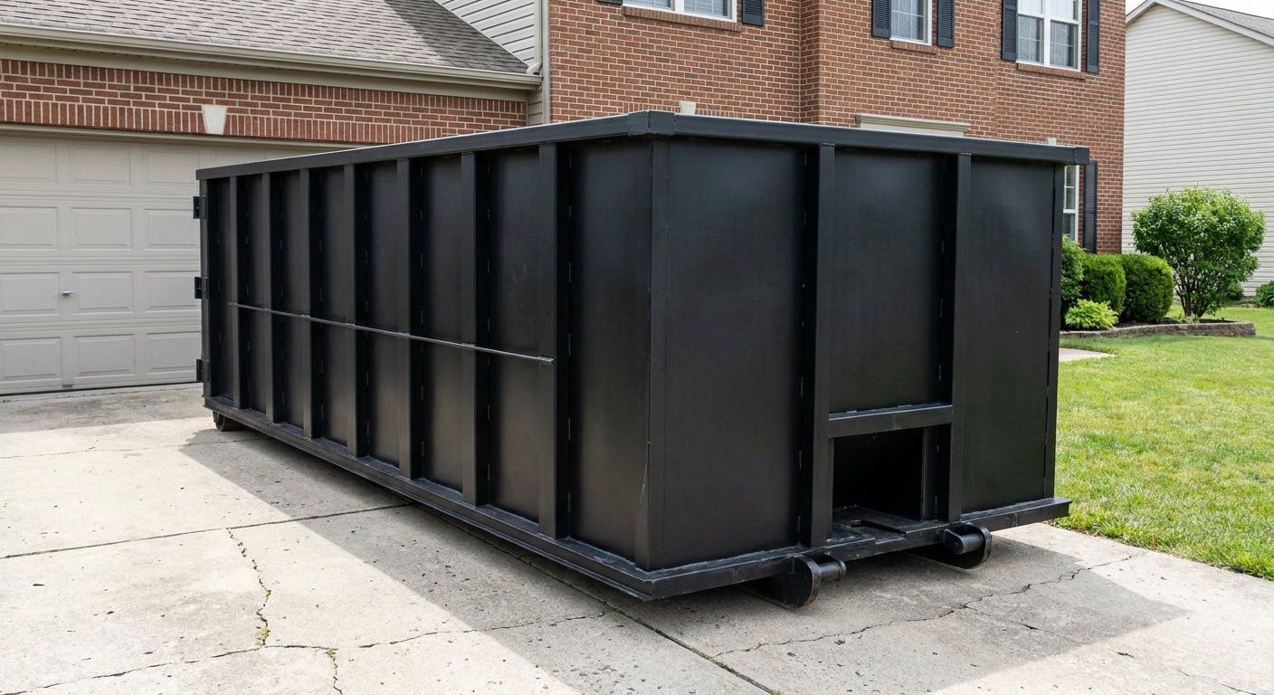 Matte-black 20-yard roll-off container on a Chino Hills residential concrete driveway with reinforced ribbed steel sidewalls and a hinged rear walk-in door, clean bright daylight.
