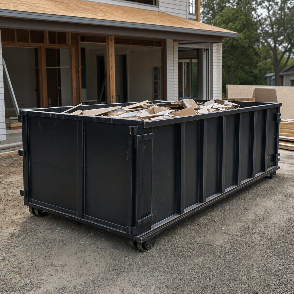 Large matte-black 30-yard construction roll-off dumpster at an active Chino Hills jobsite, steel-gray top rails and bottom rollers visible, loaded with construction debris.