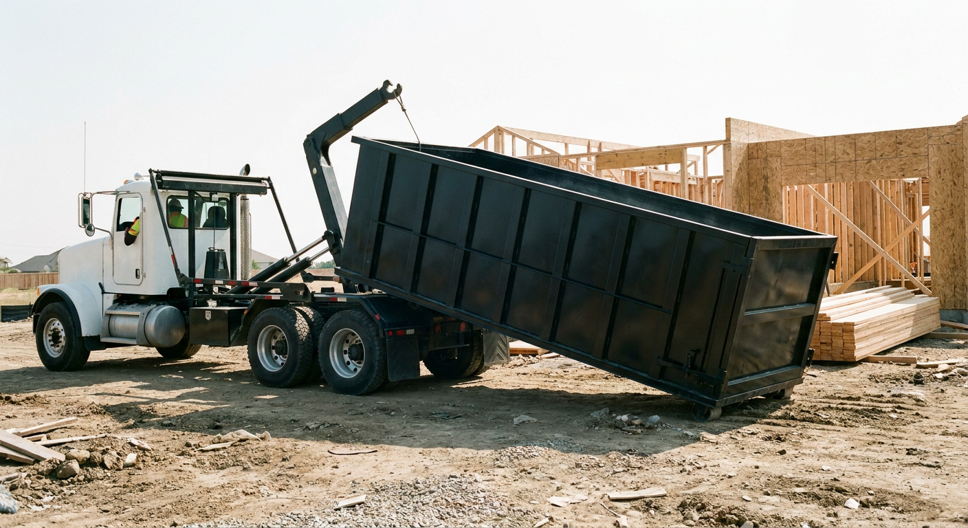 Matte-black roll-off dumpster being delivered onto a clean residential concrete driveway in Chino Hills by an unmarked white hooklift hauler truck, bright morning daylight, documentary 35mm perspective.