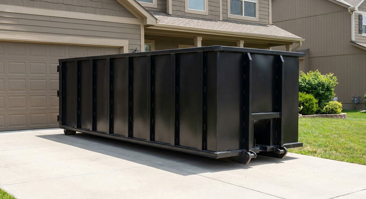 Matte-black residential roll-off dumpster sitting directly on a suburban Chino Hills concrete driveway, garage door closed, single-family home in background, bright morning daylight.