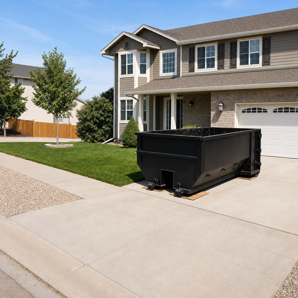 10-yard matte-black residential dumpster placed directly on a narrow Chino Hills concrete driveway, room remains for a parked sedan beside it, mid-morning natural light