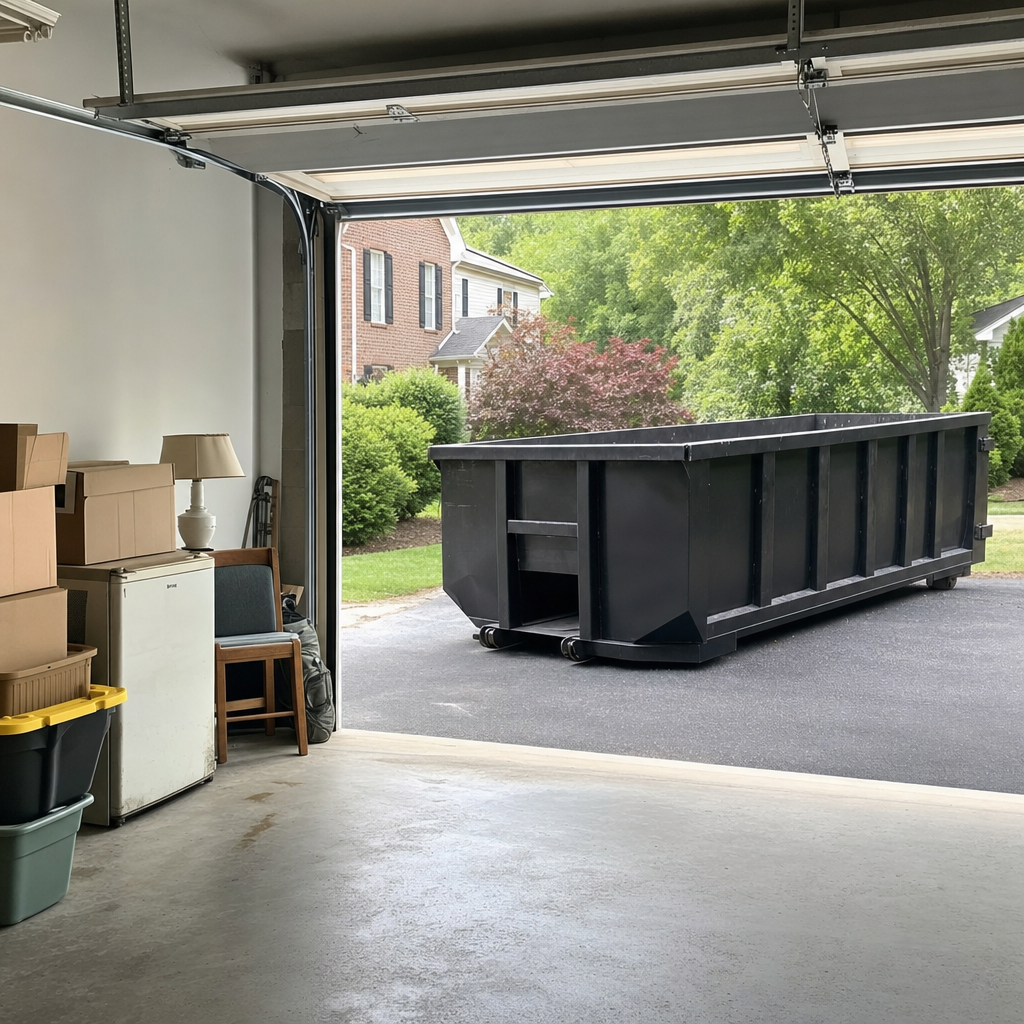 Open garage interior in a Chino Hills home mid-cleanout — boxed items, an old appliance, and stacked yard tools queued near the driveway for a matte-black roll-off dumpster, organized and calm