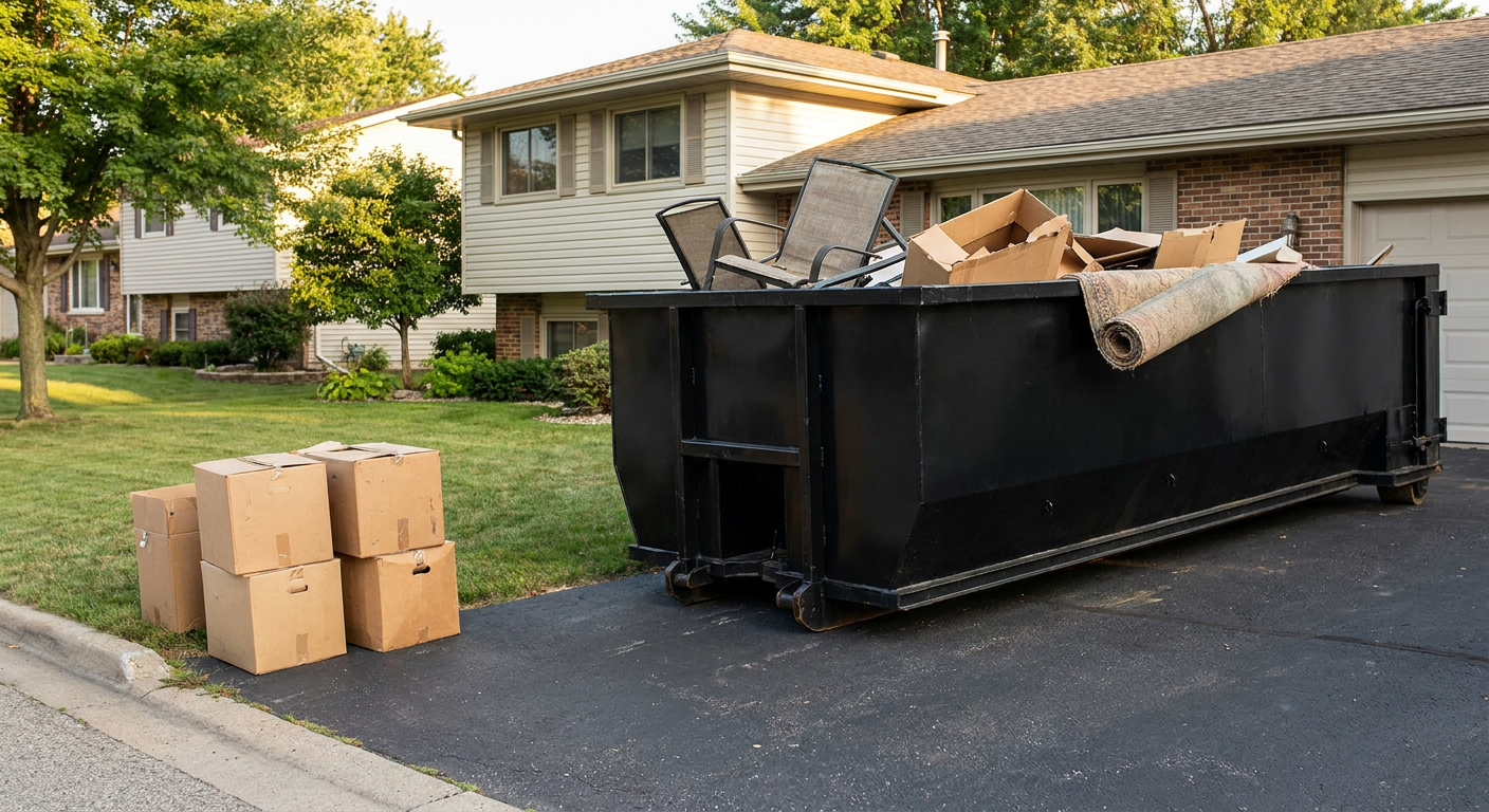 Front-yard view of a Chino Hills split-level home with a 20-yard matte-black roll-off dumpster sitting directly on the asphalt driveway, a few clearly labeled donation boxes staged at the curb, calm sunny afternoon.
