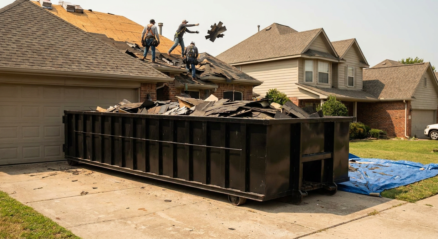 Matte-black roofing roll-off dumpster placed directly on a Chino Hills residential concrete driveway, a tear-off crew on a two-story asphalt-shingle roof tossing shingle bundles into the low-walled container, bright daylight, documentary 35mm perspective.