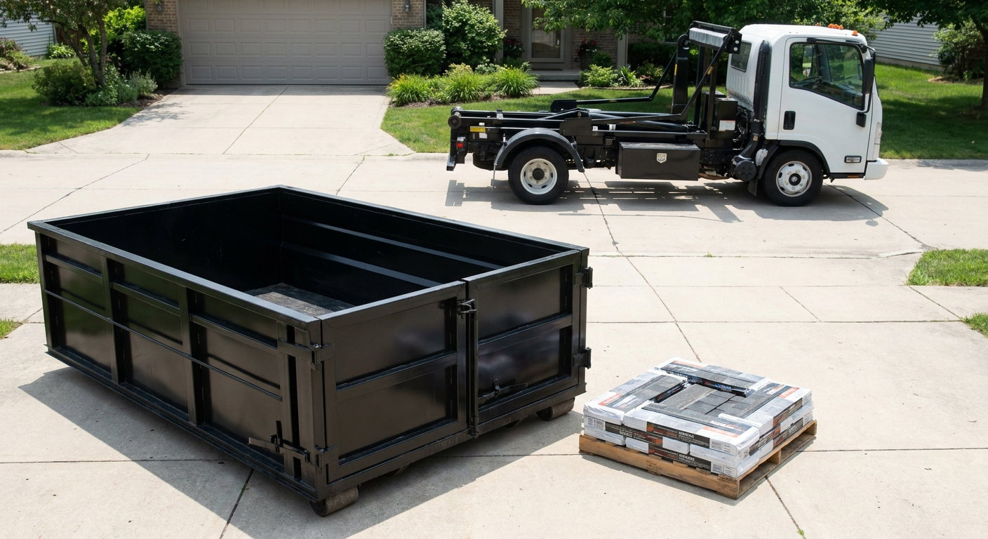 Matte-black 15-yard roofing roll-off dumpster with reinforced low side walls sitting directly on a Chino Hills residential concrete driveway, three-tab asphalt shingle bundles stacked nearby, an unmarked white hauler truck partially visible at the edge of the frame.