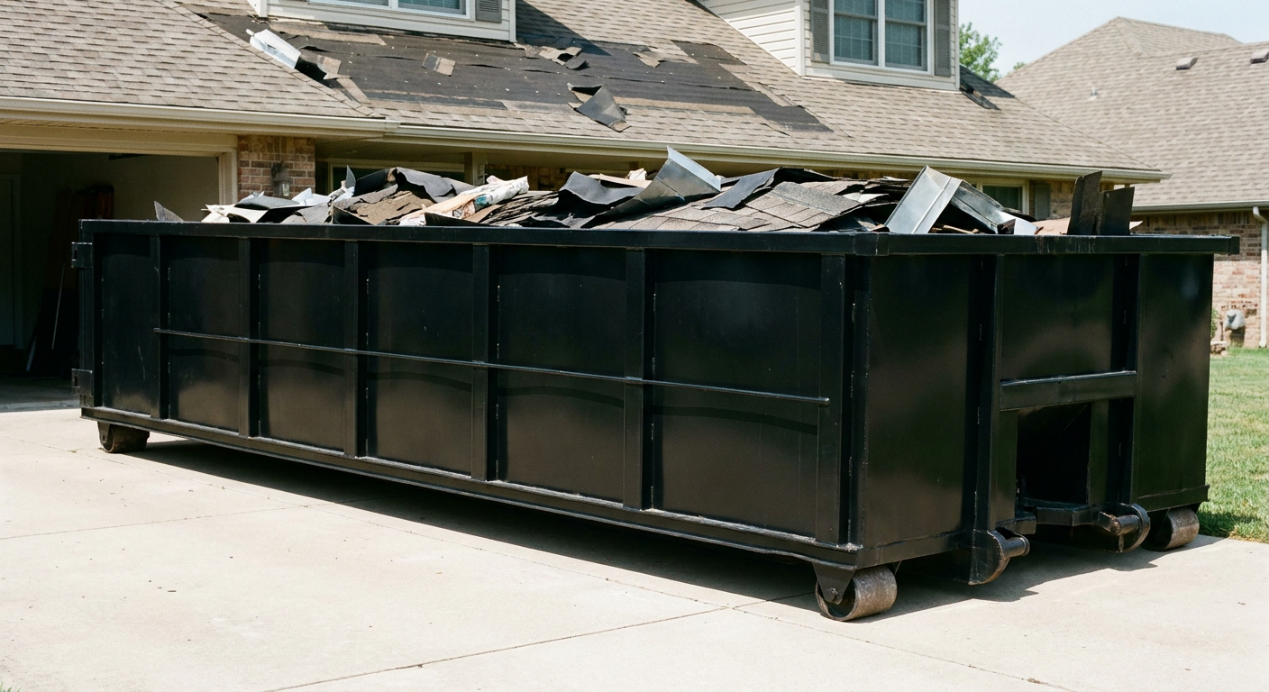 Matte-black 20-yard roofing roll-off dumpster with steel ribbed sides and swinging rear door, sitting directly on the concrete driveway of a two-story Chino Hills home, asphalt shingle debris being loaded over the low wall, clean documentary lighting.