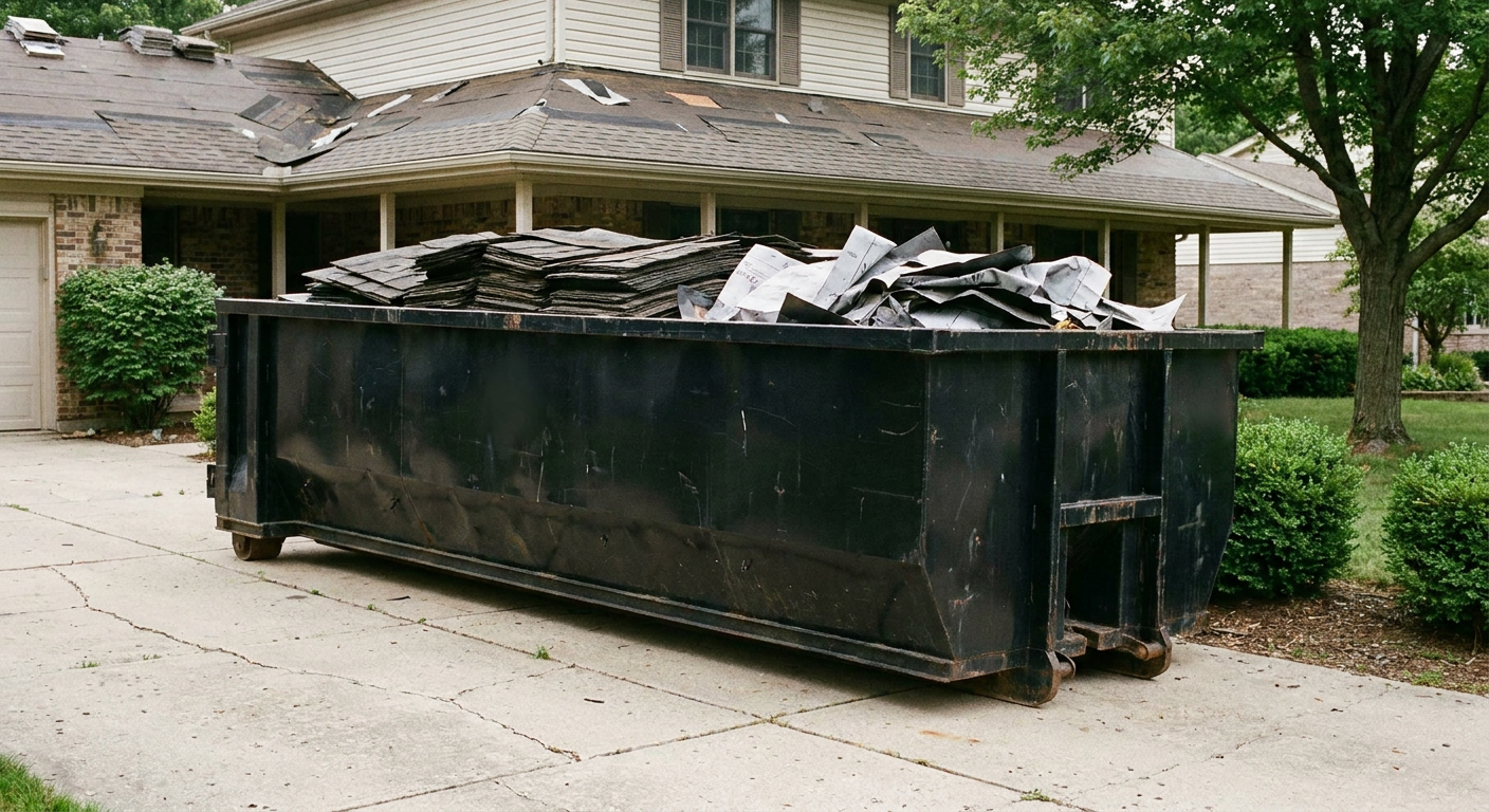 Matte-black 30-yard roofing roll-off dumpster sitting directly on a Chino Hills concrete driveway, taller ribbed steel side panels, mixed tear-off debris of asphalt shingles and underlayment inside, professional documentary daylight.