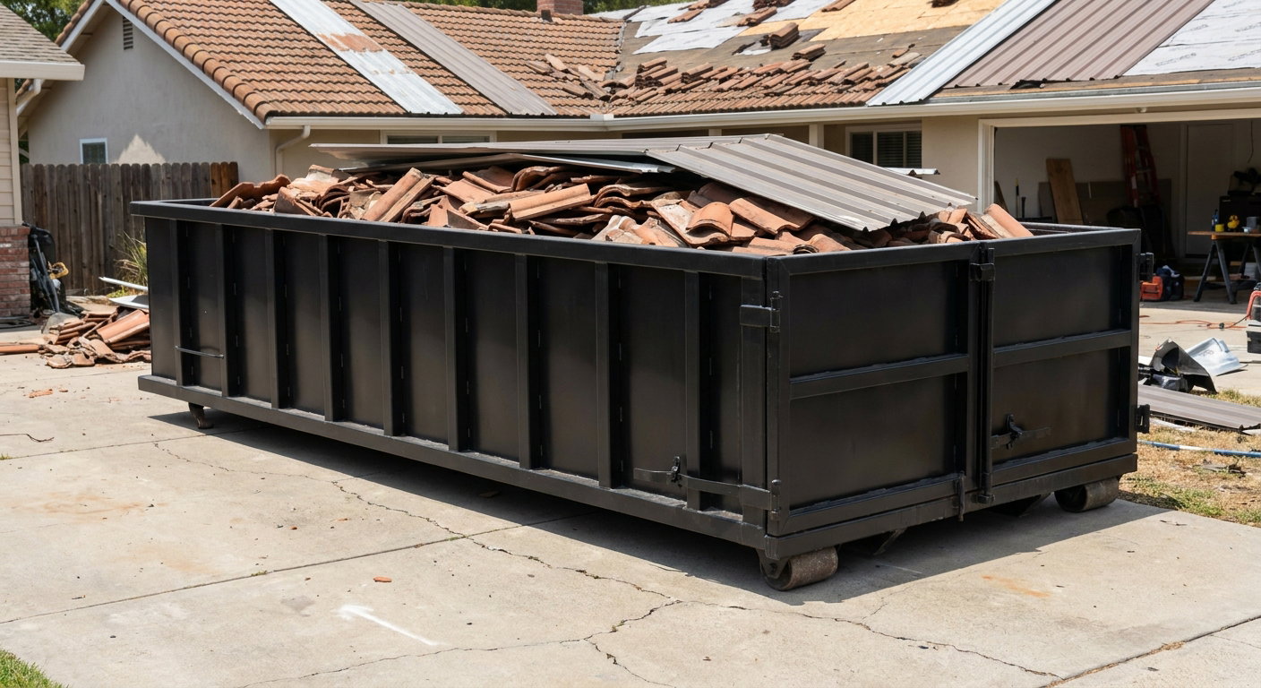 Matte-black low-wall heavy-debris roofing roll-off dumpster sitting directly on a Chino Hills concrete driveway, broken concrete clay roof tiles and metal panel sections loaded inside, reinforced ribbed steel side walls visible, bright outdoor daylight.