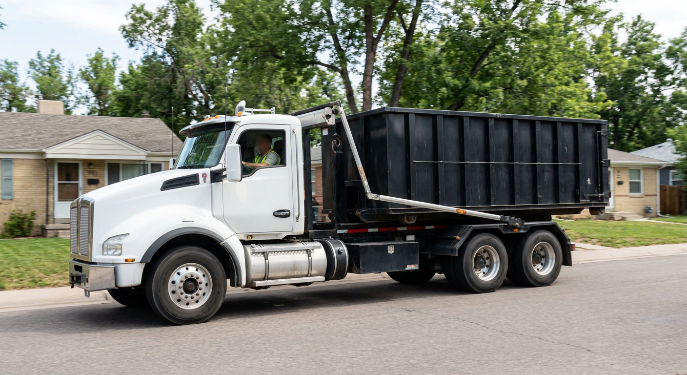 A wide documentary shot of a matte-black roll-off delivery truck pulling onto a quiet Chino Hills residential street at mid-morning, with neighborhood rooftops and tree-lined blocks visible behind, showing the metro coverage footprint.