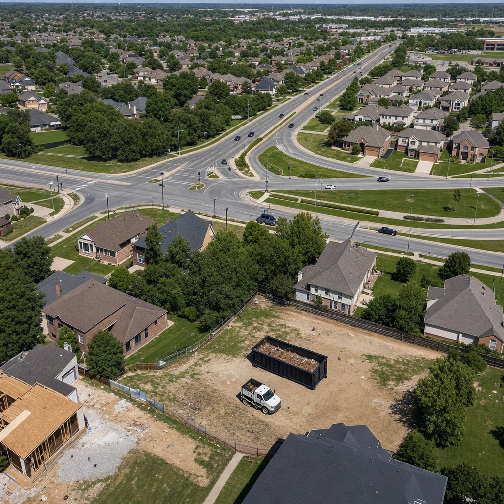 An overhead documentary view of the Chino Hills metro area at midday, showing the spread of neighborhoods, arterial roads, and the dispatch radius from a central yard — clean daylight, organized geographic layout.