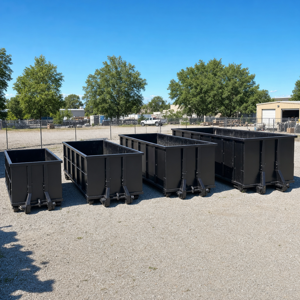 A clean lineup of matte-black roll-off dumpsters in 10, 20, 30, and 40-yard sizes staged on a sunlit gravel yard in Chino Hills, showing the size progression from compact to commercial-scale containers.