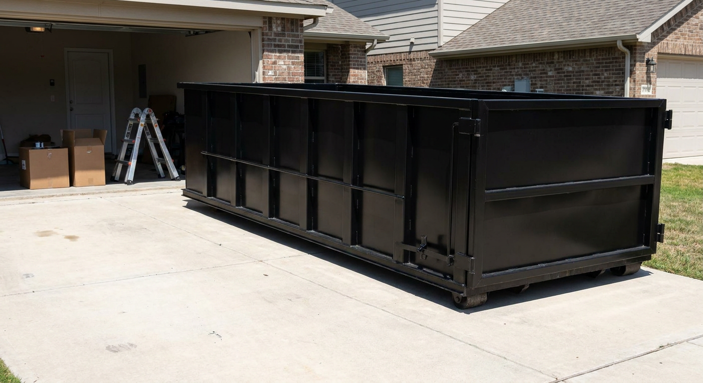 A matte-black 10-yard roll-off dumpster sitting directly on a residential Chino Hills concrete driveway, mid-day sunlight, clean and ready for a garage cleanout.