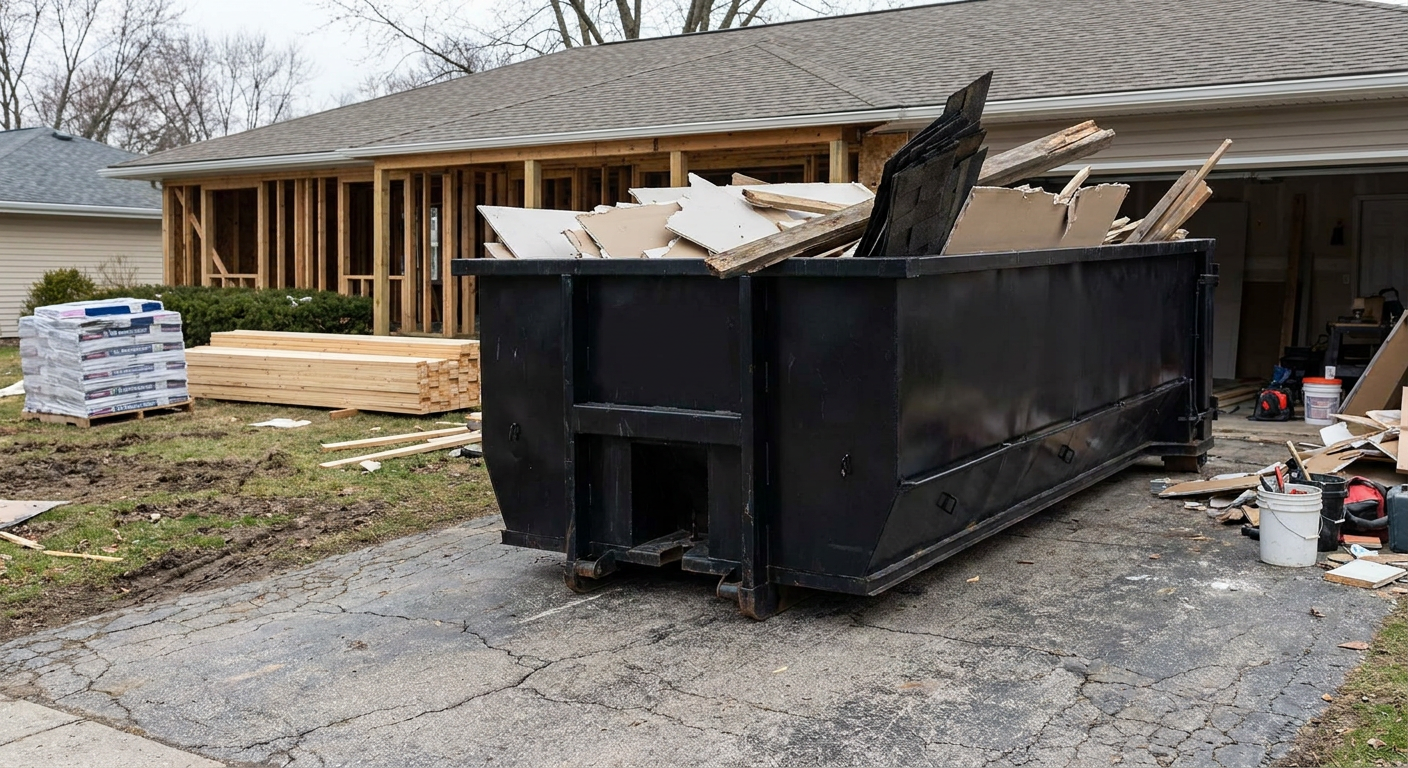 A matte-black 20-yard roll-off dumpster placed alongside a mid-renovation Chino Hills home directly on the asphalt driveway, with framing materials and torn-off shingles staged neatly nearby.