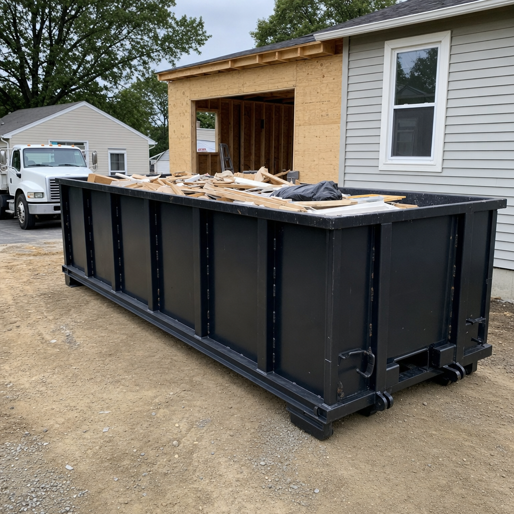 A matte-black 30-yard roll-off dumpster positioned at a Chino Hills residential addition jobsite, with framing lumber and drywall scraps loaded through the open swinging rear doors.
