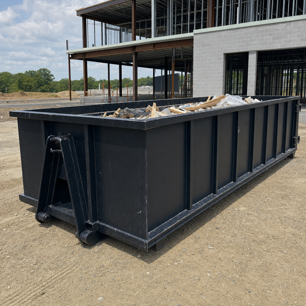 A matte-black 40-yard roll-off dumpster staged on a large Chino Hills commercial construction lot, with a hooklift delivery truck parked alongside under bright midday sky.