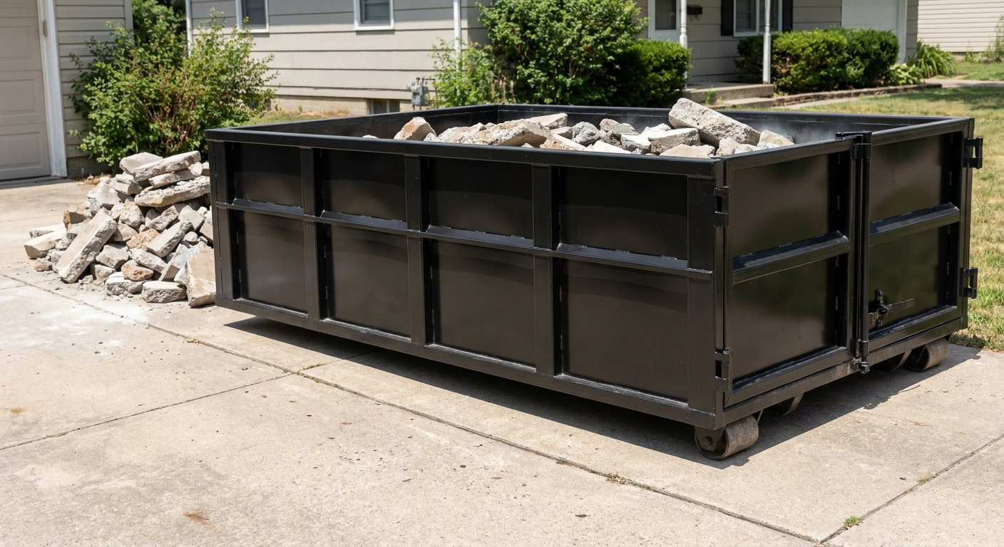 A matte-black low-side heavy-debris roll-off dumpster placed directly on a Chino Hills concrete driveway, with broken concrete chunks neatly stacked beside it under clean daylight.